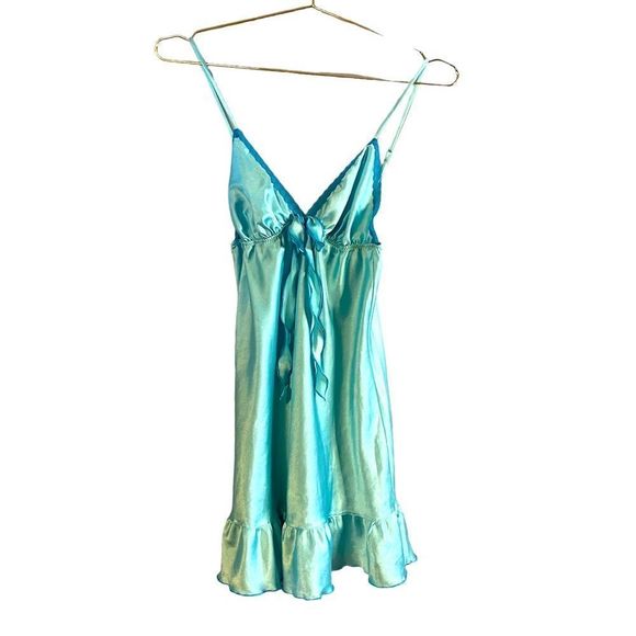 Y2K Victoria's Secret Angels Turquoise Satin Nighty Slip Dress | SZ S - Picture 1 of 12
